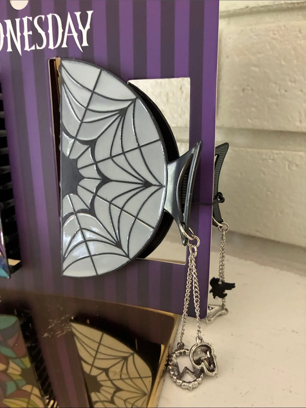 Wednesday Silver and Black Spiderweb Hair Clip with Charm Chains